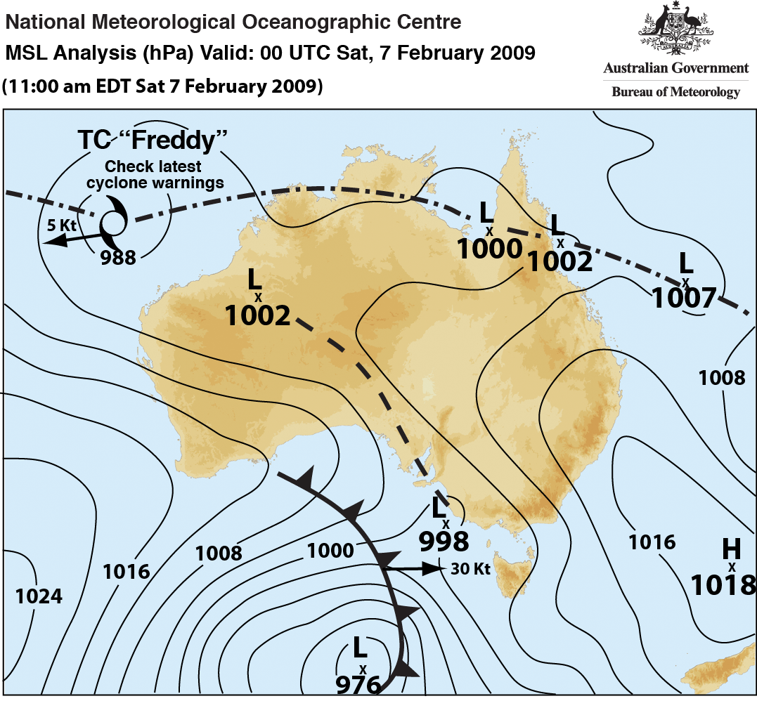 Synoptic chart/weather map for Black Saturday. Description in caption.